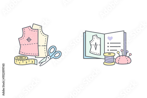 A flat vector illustration featuring sewing tools and patterns on a black background. It includes scissors, measuring tape, a spool of thread, a pincushion, and an instruction book.