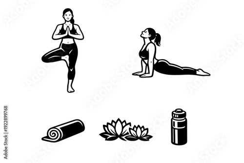 Minimalist white illustrations of yoga poses and accessories on a black background, including tree pose, cobra pose, a rolled mat, lotus flowers, and a water bottle for fitness.