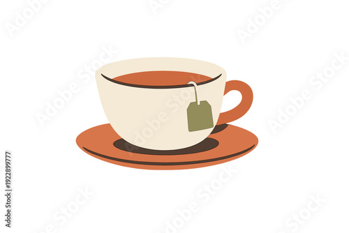 A minimalist illustration of a white teacup filled with brown tea, featuring a green tea bag tag hanging over the side, resting on an orange saucer against a black background.