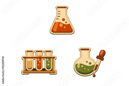 A set of three laboratory glassware icons featuring an Erlenmeyer flask, test tubes in a rack, and a round-bottom flask with a dropper, all containing colorful liquids on a black background.