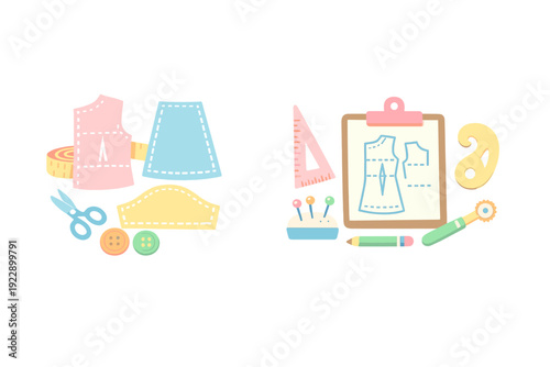 A collection of sewing and tailoring tools including scissors, buttons, measuring tape, and fabric patterns. A clipboard shows a garment design sketch alongside a pin cushion and ruler.