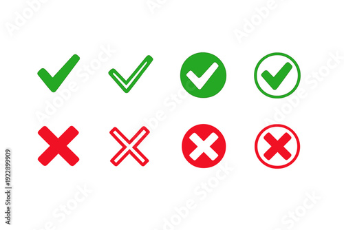 A collection of green check marks and red cross marks displayed on a black background. The set includes various styles such as solid, outlined, and circular icons for validation.