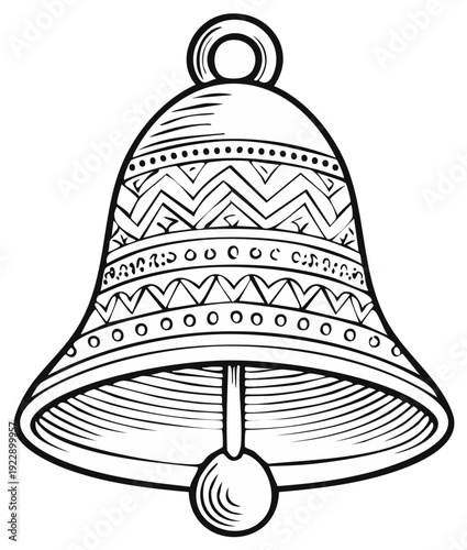 Decorative Hand Drawn Bell with Intricate Patterns and Hanging Clapper