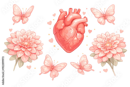 A digital illustration featuring a central anatomical human heart surrounded by pink dahlias, butterflies, and small hearts against a solid black background in a soft artistic style.