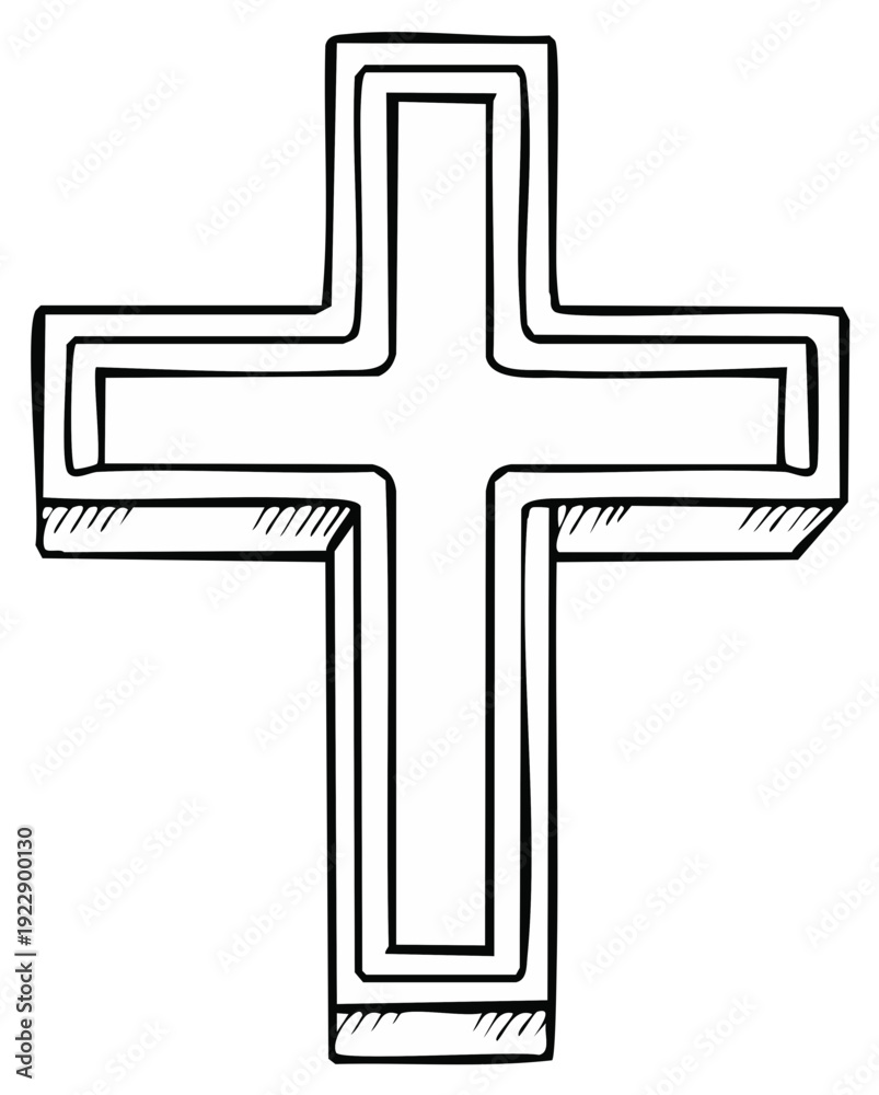 Fototapeta premium Outlined religious cross symbol, simple drawing in black and white