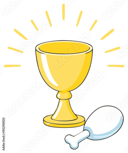 Glorious golden goblet radiating light, with a humble chicken drumstick resting nearby