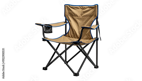 Tan and blue foldable camping chair, with cupholder, on a solid black background