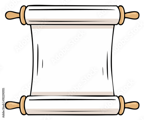 Cartoon blank unfurling scroll banner with rolling pin style handles, empty parchment document space