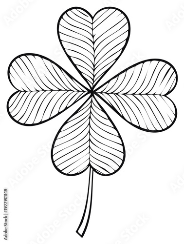Black and white line drawing of a stylized four-leaf clover with intricate vein patterns on petals