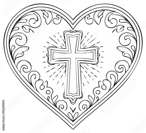Ornate Heart Frame Surrounding a Radiant Christian Cross Symbol