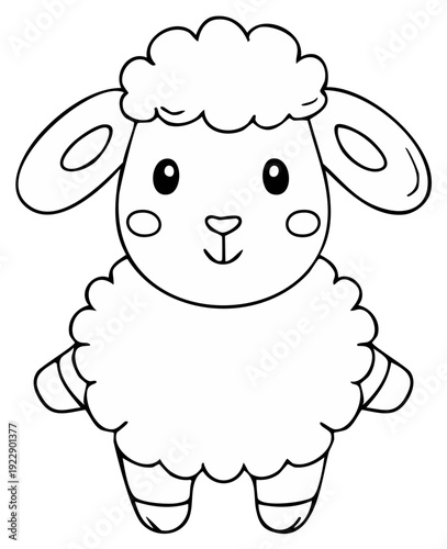 Cute cartoon sheep drawing with fluffy wool and simple outline on a white background