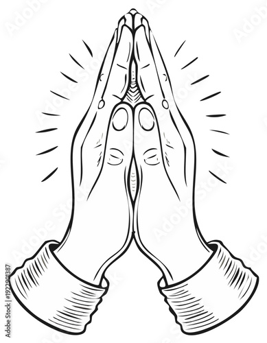 Praying hands illustration, vintage-style design, religious concept, isolated vector.