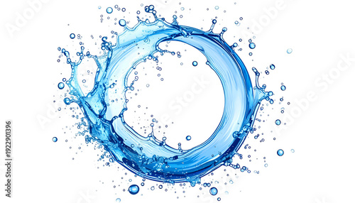 Blue water splash forming a ring with a black backdrop, droplets around the edge
