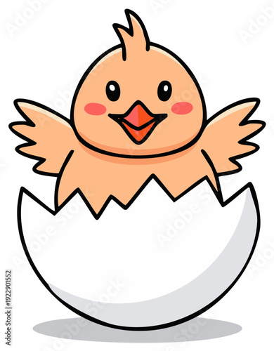 Cute newborn chick hatching from cracked eggshell happy cartoon vector illustration