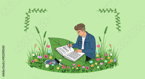 Young man studying in nature, surrounded by flowers and plants, creative learning