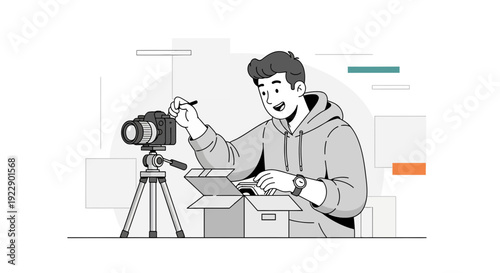 Young Man Unboxing Camera Gear for Vlogging Setup