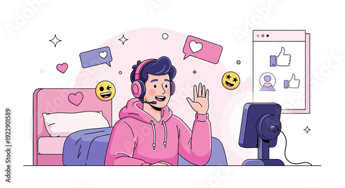 Young man waving hello on computer, social media streaming, online communication