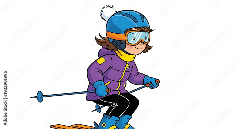 Fototapeta premium Young girl skiing down snowy slope with excitement and joy