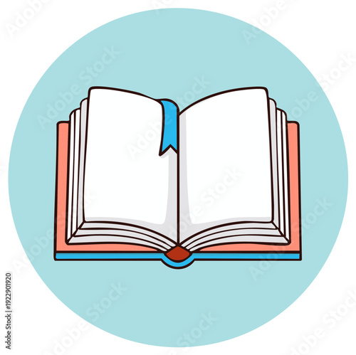 Open book with blank white pages and a blue bookmark in a vibrant cartoon style illustration