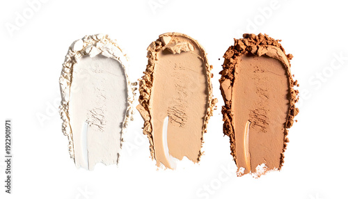 Three cosmetic powder swatches in white, beige, and brown on a black background