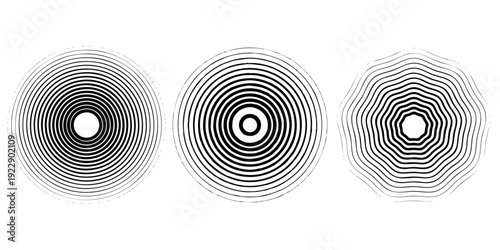 Black concentric circle set. Sonar or sound wave ring collection. Dotted and linear epicentre, target, radar icon concept. Eps 10