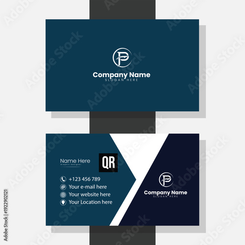 Professional business card design modern and elegant dark blue and white colors with logo p and qr code graphic elements clean layout corporate identity