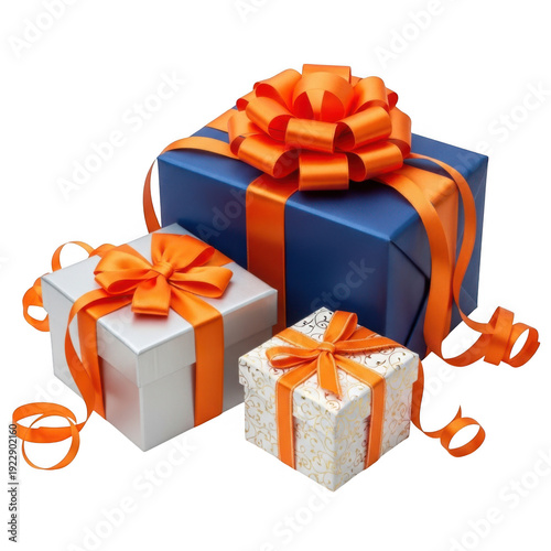 A set of presents with orange ribbons and bows