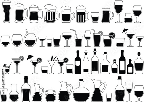 Set of alcoholic beverage icons featuring beer mugs, wine glasses, cocktail drinks with garnishes, liquor bottles, and bar glassware vector silhouettes