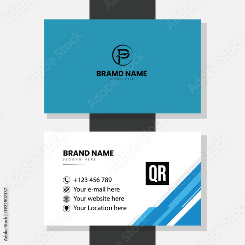 Modern blue business card design with tech style geometric patterns and white background for software company or digital agency professional identity