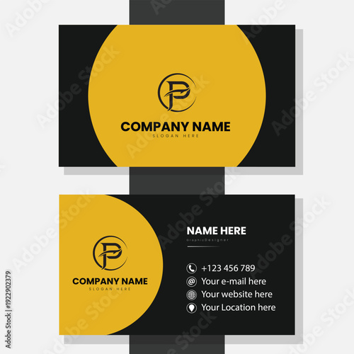 Black and yellow business card design with circular elements for creative agency and modern professional brand identity presentation template layout
