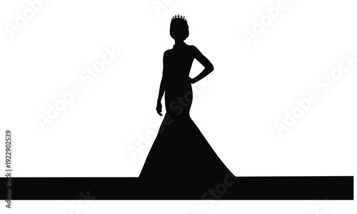 Silhouette of a woman wearing a crown and a long gown standing confidently with one hand on her hip against a white background.