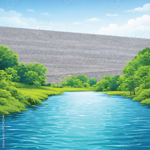 Scalable Vector Illustration of a Large Hydroelectric Embankment Dam with Blue River, Green Grass, and Trees; Sustainable Energy Infrastructure, Water Reservoir, and Nature Landscape Background.