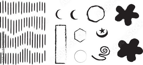 A collection of various black shapes and symbols on a white background