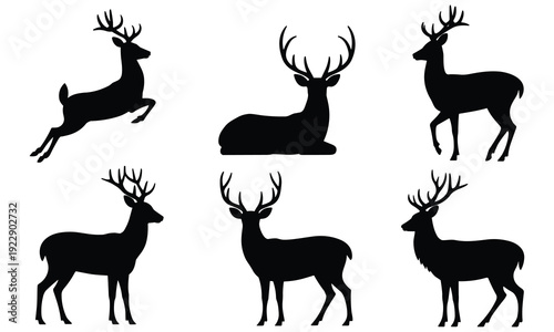 Collection of six black silhouettes of male deer with antlers standing running or lying down on a white background perfect for wildlife and nature designs.