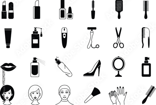 Set of beauty and cosmetic icons featuring lipstick mascara hairbrush scissors and salon symbols for makeup skincare fashion and grooming projects