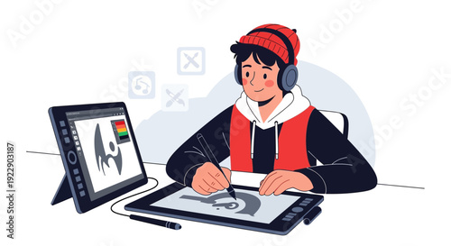 Young Designer Creating Digital Art on Tablet and Drawing Pad