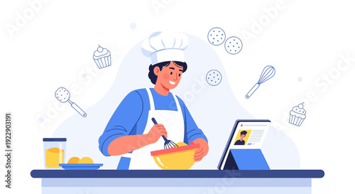 Young Chef Baking Pastries Following Online Recipe on Tablet