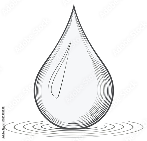 Water drop graphic illustration with ripples on surface, clear fluid dripping down
