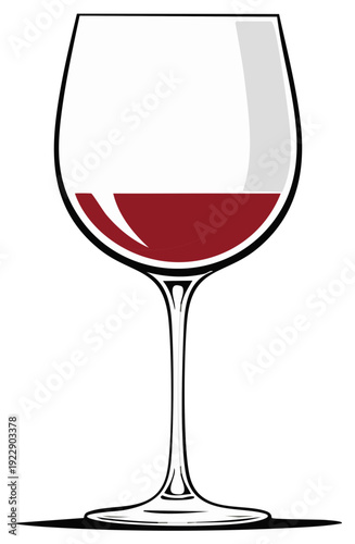 Clear wine glass filled with deep red wine on white