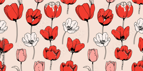 Seamless floral pattern with hand-drawn tulips in red, white, and pink. Elegant botanical line art on a soft beige background.