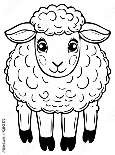 Cute cartoon sheep illustration, fluffy wool, innocent eyes, friendly face, farm animal
