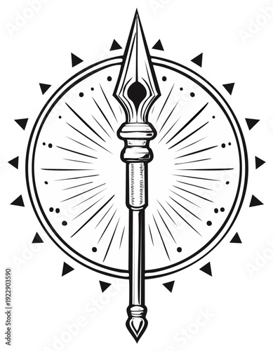 Stylized spear vector illustration with decorative sunburst accents for mythology and tribal concepts