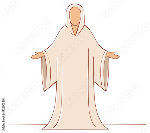 Stylized robed figure with outstretched arms offers welcome or blessing concept of faith and compassion