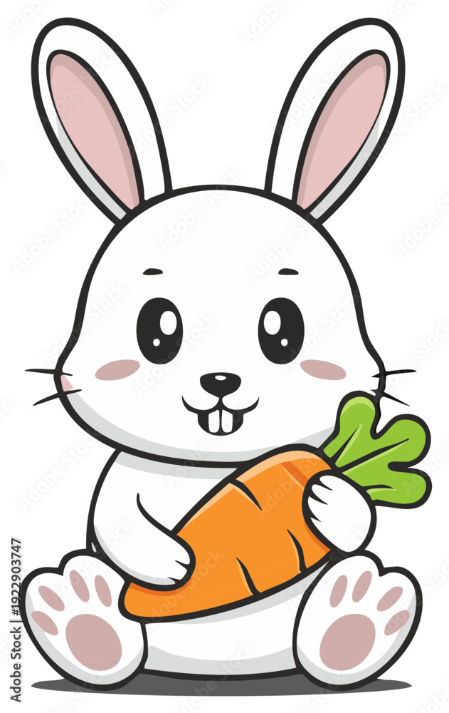 Obraz premium Cute cartoon bunny rabbit holding a carrot, joyful and smiling