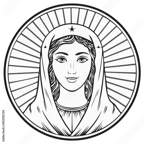 Virgin Mary Portrait Icon in Circle Frame Religious Saint Line Art Illustration Catholic Character Symbol with Rays of Light Halo