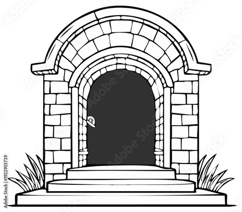 Arched stone entryway with steps and grass, mysterious dark doorway beckoning exploration