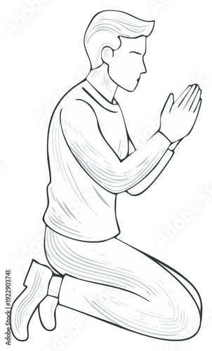 Man Kneeling in Prayer Devotion and Spiritual Contemplation Line Art Drawing
