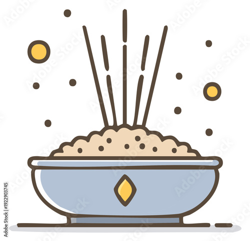 Minimalist cartoon icon of hot fragrant meal in a bowl with rising steam and shimmering particles