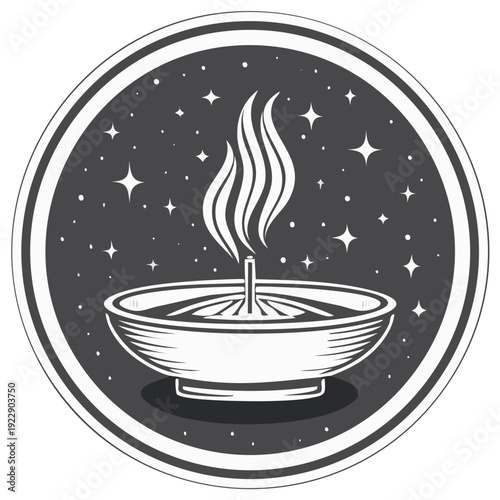 Stylized illustration of a burning incense stick in a bowl against a starry night background