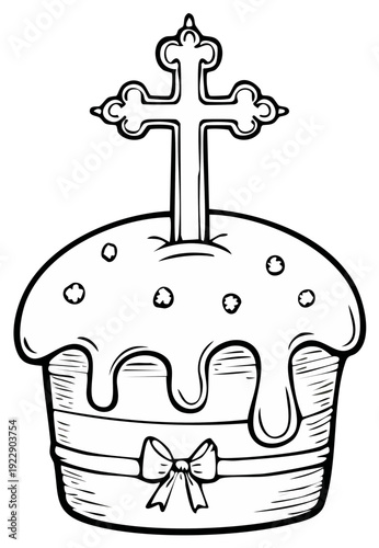 Orthodox Easter Cake with Cross Decoration Hand Drawn Line Art Illustration